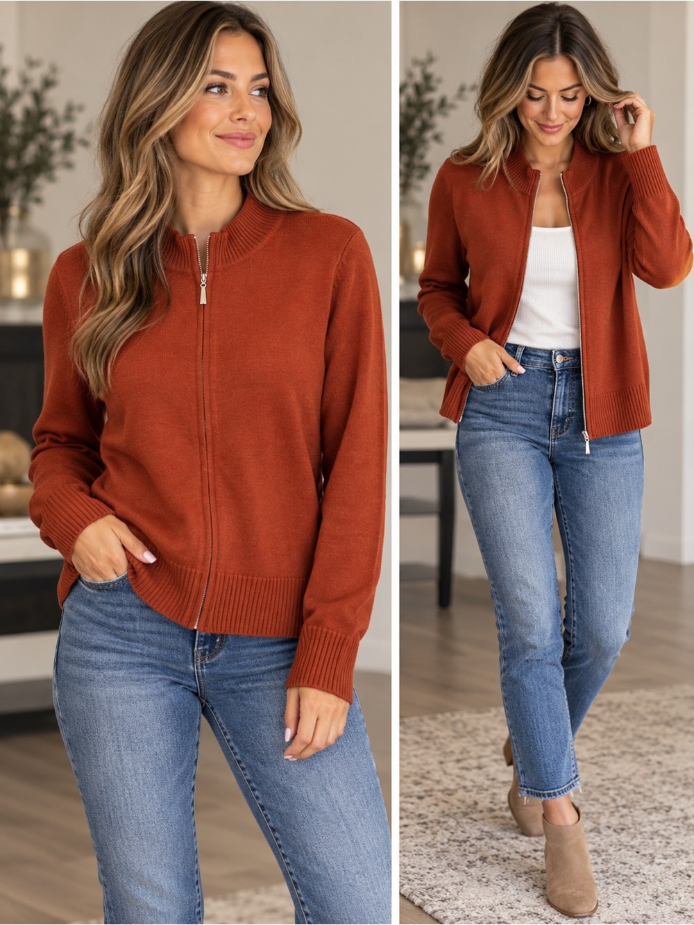 Rust Zip-Front Knit Sweater - Women